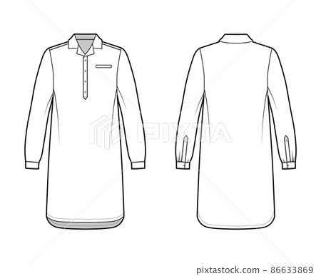 Nightshirt dress Sleepwear Pajama technical fashion illustration with knee length, classic henley collar, long sleeves Nightshirt dress Sleepwear Pajama technical fashion illustration with knee length, classic henley collar, long sleeves 86633869