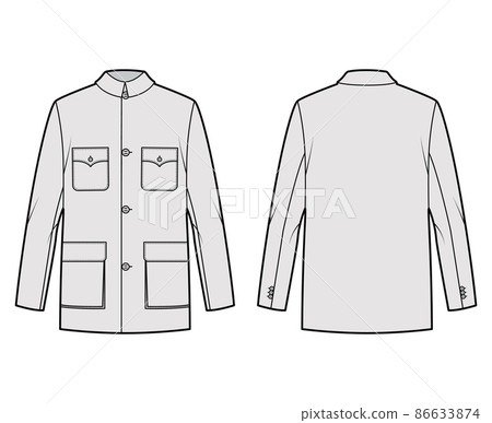 Mao jacket technical fashion illustration with oversized, classic collar, flap pockets, long sleeves, button closure. Mao jacket technical fashion illustration with oversized, classic collar, flap pockets, long sleeves, button closure. 86633874
