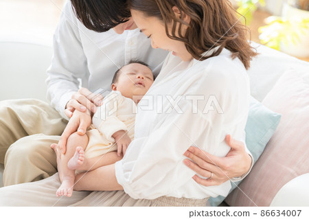 Baby family hugged by mom and sleeping 86634007