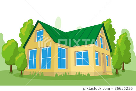 Summer landscape. 3D cottage icon surrounded by trees. 86635236