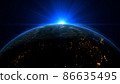 Blue sunrise on the earth rotate in space with star in universe. World realistic atmosphere 3D volumetric clouds texture surface.  Elements of this image are furnished by NASA 86635495