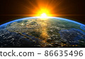Orange sunrise on the earth rotate in space with star in universe. World realistic atmosphere 3D volumetric clouds texture surface.  Elements of this image are furnished by NASA 86635496