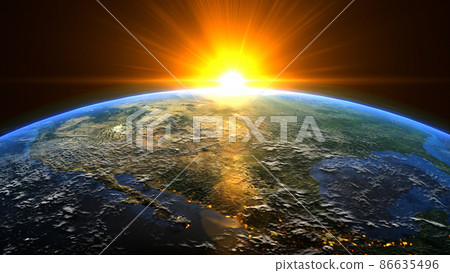 Orange sunrise on the earth rotate in space with star in universe. World realistic atmosphere 3D volumetric clouds texture surface.  Elements of this image are furnished by NASA 86635496