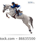 Jockey on horse. White Horse. Champion. Horse riding. Equestrian sport. Jockey riding jumping horse. Poster. Sport background. Isolated Vector Illustration 86635500