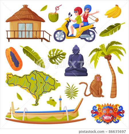 Bali Traditional Cultural Attribute with Bungalow and Ethnic Mask Vector Set 86635697