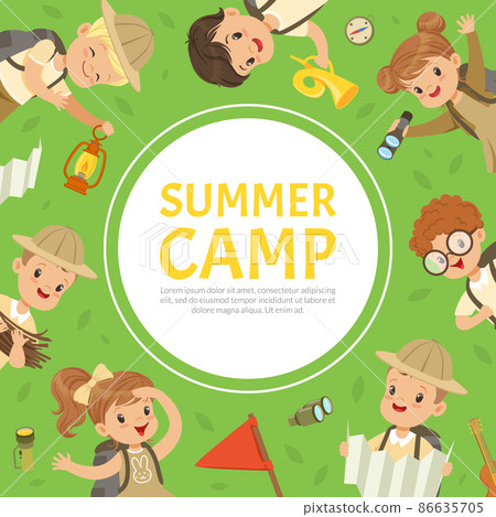 Little Boy and Girl Scout at Summer Camp with Backpack and Map and Round Text Shape Vector Template Little Boy and Girl Scout at Summer Camp with Backpack and Map and Round Text Shape Vector Template 86635705