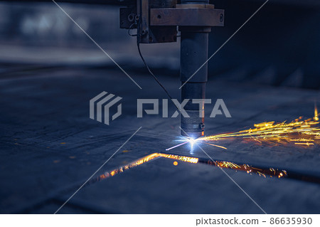 Close up Fiber laser cutting CNC machine cuts metal list. Making metal part. Workshop in factory Close up Fiber laser cutting CNC machine cuts metal list. Making metal part. Workshop in factory 86635930