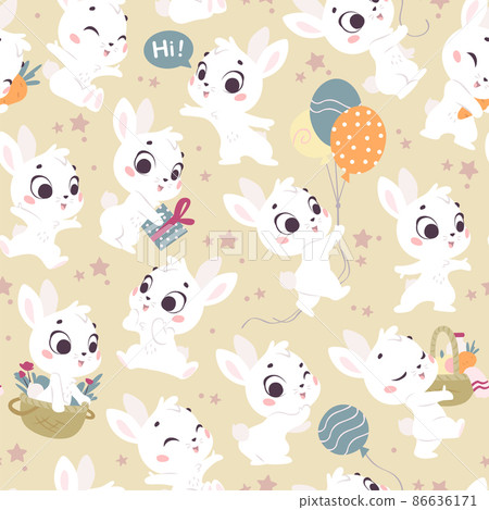Vector seamless pattern with cute little white bunnies isolated. Vector seamless pattern with cute little white bunnies isolated. 86636171