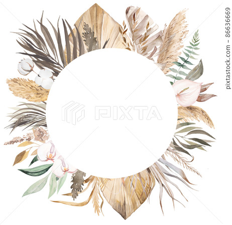 Watercolor Bohemian round frame with dried leaves and tropical flowers illustration Watercolor Bohemian round frame with dried leaves and tropical flowers illustration 86636669