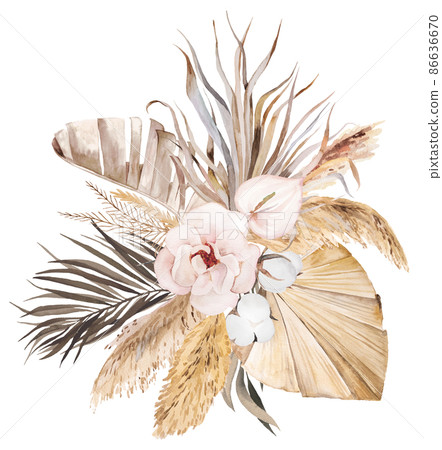 Watercolor Bohemian bouquet with dried leaves and tropical flowers illustration 86636670