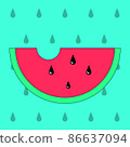 Vector illustration of a delicious watermelon. Sweet, juicy, red, summer fruity dessert. It is suitable for use for postcards, gifts, websites, social media, cafe menu, restaurant, bar, shops. 86637094