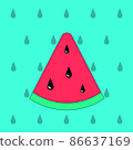 Vector illustration of a juicy watermelon. Sweet, juicy, red, summer fruity dessert. It is suitable for use for postcards, gifts, websites, social media, cafe menu, restaurant, bar, shops. 86637169