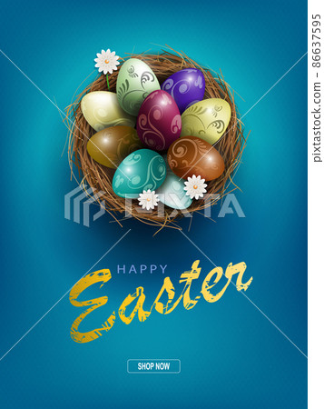 Blue postcard with Easter eggs in the nest, white chamomile flowers Blue postcard with Easter eggs in the nest, white chamomile flowers 86637595