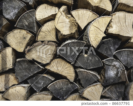 Rural abstract background with stack of firewood. Chopped wood stacked in pile. 86637791