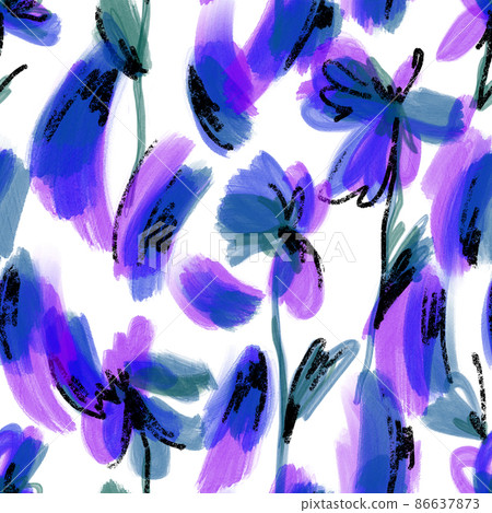 Watercolor abstract flowers. Floral sketch brush strokes seamless pattern. Outline drawing. Blurred botanical ornament. Fashionable design for fabric and textile. Paint texture. 86637873