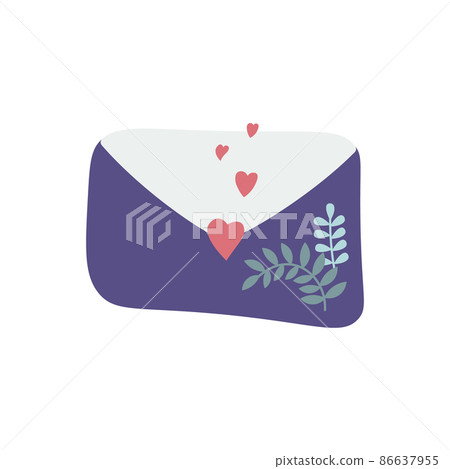 Envelope with hearts and branches with leaves. Spring bouquet of plants. Vector illustration isolated on white background. Valentines day design. Envelope with hearts and branches with leaves. Spring bouquet of plants. Vector illustration isolated on white background. Valentines day design. 86637955