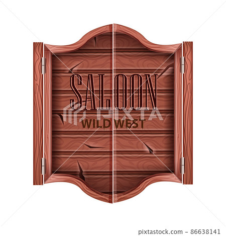 Saloon door, vector wild west bar entrance, Texas wooden pub sign, vintage timber rustic frame  86638141