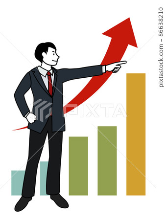 Illustration material: Upward bar graph and business person pointing with a confident look Illustration material: Upward bar graph and business person pointing with a confident look 86638210