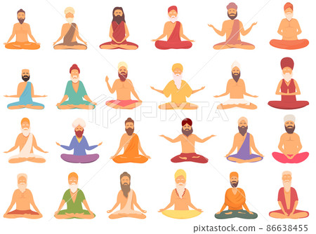 Yogi man icons set cartoon vector. Sage indian 86638455