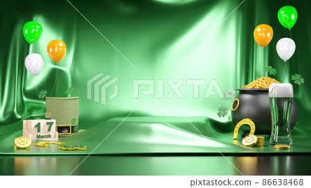 Happy St. Patrick's Day greeting Podium, beer glass and green hat on bright green background. 3d Rendering Happy St. Patrick's Day greeting Podium, beer glass and green hat on bright green background. 3d Rendering 86638468