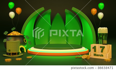 Happy St. Patrick's Day greeting Podium, beer glass and green hat on bright green background. 3d Rendering Happy St. Patrick's Day greeting Podium, beer glass and green hat on bright green background. 3d Rendering 86638471