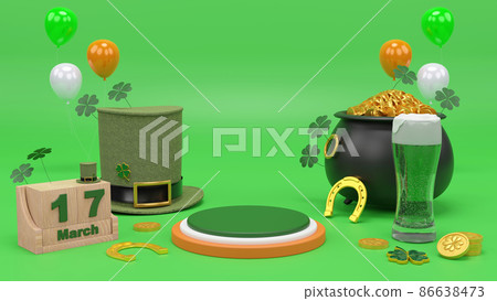 Happy St. Patrick's Day greeting Podium, beer glass and green hat on bright green background. 3d Rendering 86638473