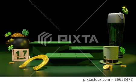 Happy St. Patrick's Day greeting Podium, beer glass and green hat on bright green background. 3d Rendering Happy St. Patrick's Day greeting Podium, beer glass and green hat on bright green background. 3d Rendering 86638477
