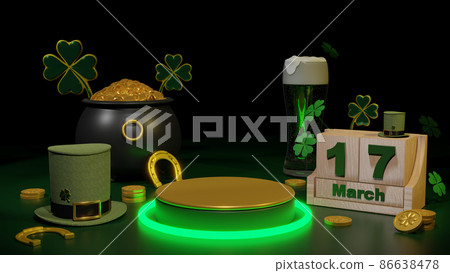 Happy St. Patrick's Day greeting Podium, beer glass and green hat on bright green background. 3d Rendering Happy St. Patrick's Day greeting Podium, beer glass and green hat on bright green background. 3d Rendering 86638478