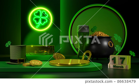Happy St. Patrick's Day greeting Podium, beer glass and green hat on bright green background. 3d Rendering 86638479