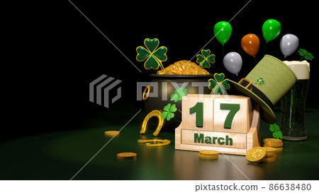 Happy St. Patrick's Day greeting Podium, beer glass and green hat on bright green background. 3d Rendering Happy St. Patrick's Day greeting Podium, beer glass and green hat on bright green background. 3d Rendering 86638480