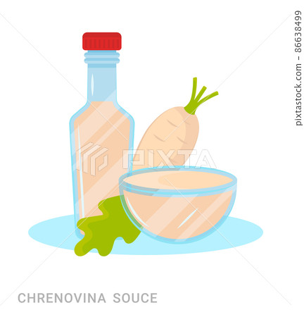 Vector illustration of a bottle with chrenovina souce and horseradish. Food additive on a white background. Vector illustration of a bottle with chrenovina souce and horseradish. Food additive on a white background. 86638499