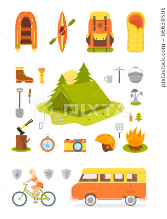 Vector collection of types of equipment for camp, hiking, outdoor activities, and traveling to wild nature. Camping illustrations of the tent in a forest, trailer, and sport sexy girl on a bike. 86638505