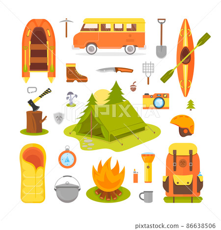 Set of equipment for camping and hiking and... - Stock Illustration ...