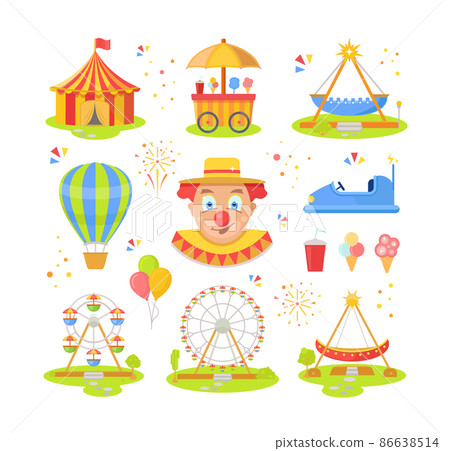 Set of elements of an amusement park. Collection of attractions. Vector illustrations for children. 86638514