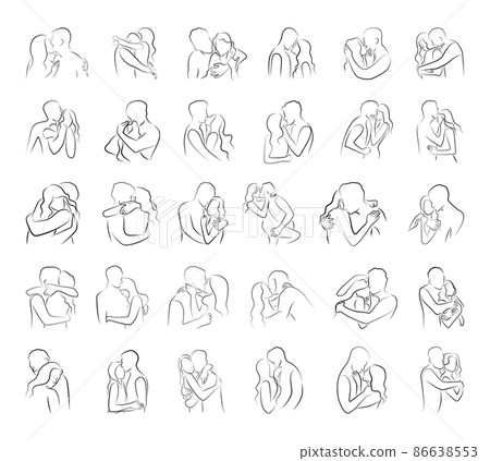 Vector set of hugs of people in love in a linear style. Abstract silhouettes of hugging guy and girl. 86638553