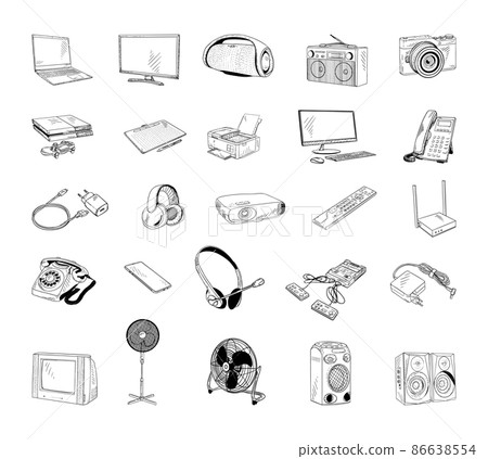 Collection of monochrome illustrations of household appliances in sketch style. Hand drawings in art ink style. Black and white graphics. 86638554