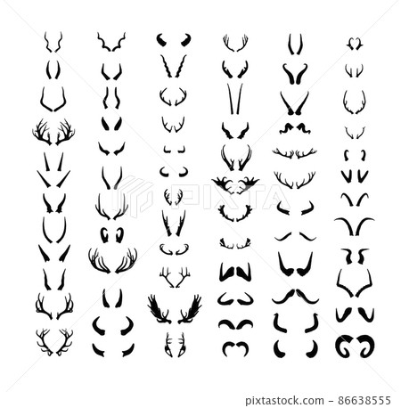 Set of horns of different animals. Black silhouettes of horns isolated on a white background. Set of horns of different animals. Black silhouettes of horns isolated on a white background. 86638555