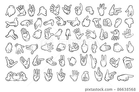 Set of different gestures of hands in gloves in a linear style. 86638568