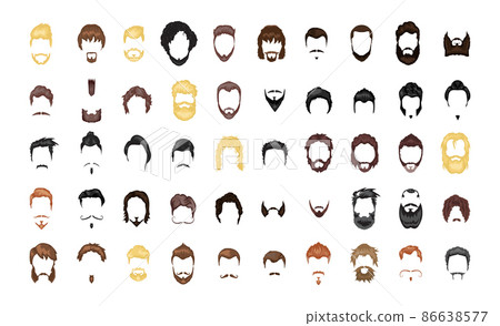Collection of men's hairstyles and beards for beauty web applications. Wigs for creating different looks. Collection of men's hairstyles and beards for beauty web applications. Wigs for creating different looks. 86638577