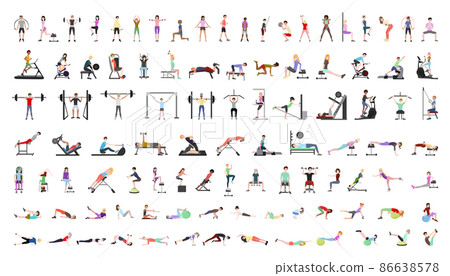 Vector collection of people in the gym. Characters doing exercises with sports equipments. 86638578