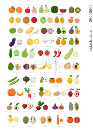 Colorful set of whole and cut fruits and vegetables in a flat style. 86638665