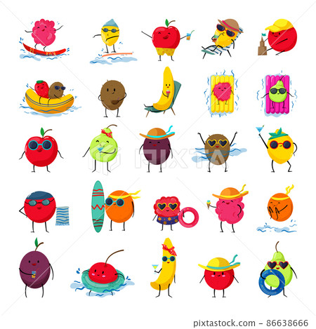 Collection of funny cartoon colorful fruits. Vector illustrations for children. Cute characters with different emotions. Collection of funny cartoon colorful fruits. Vector illustrations for children. Cute characters with different emotions. 86638666