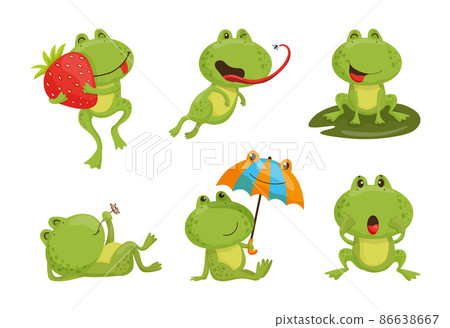 Collection of cartoon illustrations with frog performing different actions. Colorful cute character. 86638667