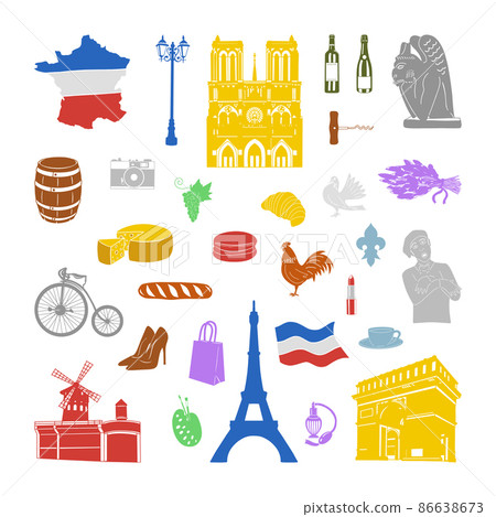 Vector objects associated with france. Illustrations of parisian landmarks in modern flat style. 86638673