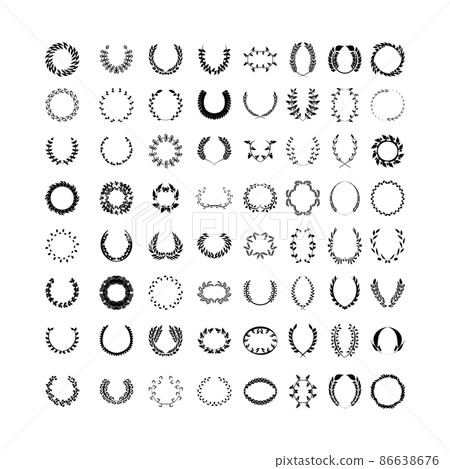 Set of frames from sprigs. Graceful wreaths and frames from various leaves for decoration. Elements for creating photos, badges, logos. 86638676