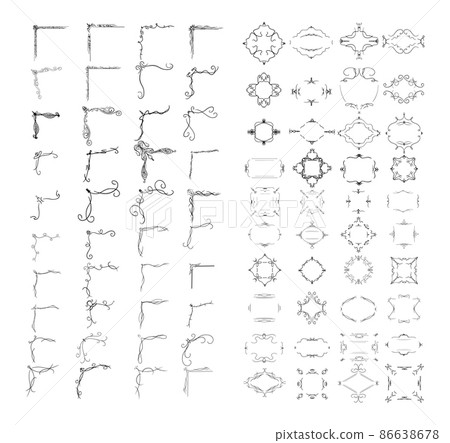 A collection of elegant geometric frames for decorating photos, furniture and mirrors. Set of corner vignettes. A collection of elegant geometric frames for decorating photos, furniture and mirrors. Set of corner vignettes. 86638678