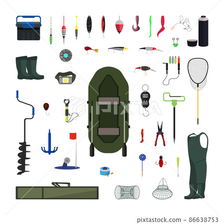 Vector set of fishing equipments. Realistic icons. 86638753