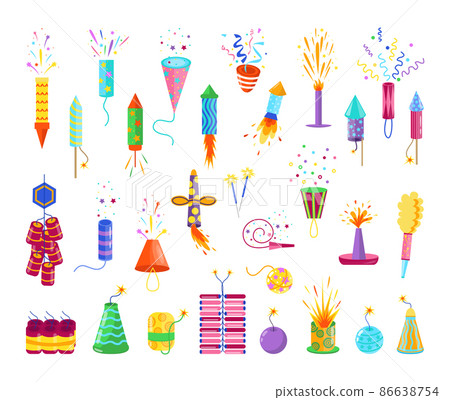 Collection of colorful fireworks in flat style. 86638754