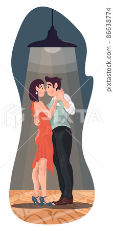 The guy is dancing with the girl. Colorful detailed illustration with a young couple. Love story of one pair. 86638774