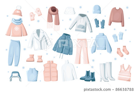 Collection of winter clothes in flat style. Modern illustrations. Collection of winter clothes in flat style. Modern illustrations. 86638788